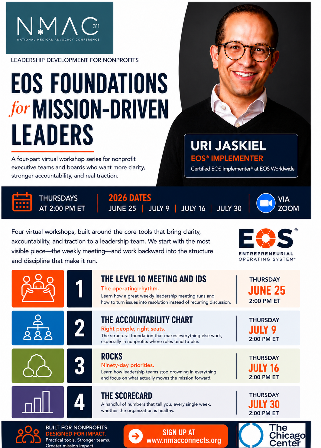 EOS Foundations for Mission-Driven Leaders flyer with Uri Jaskiel